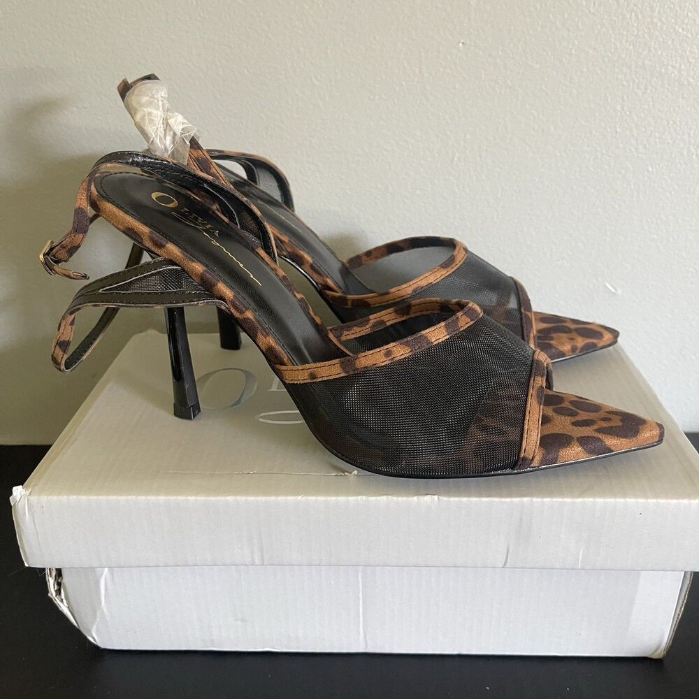 Olivia Jaymes Women Black Brown Leopard  Peep Toe Stiletto Heel Sandals Sz 8.5